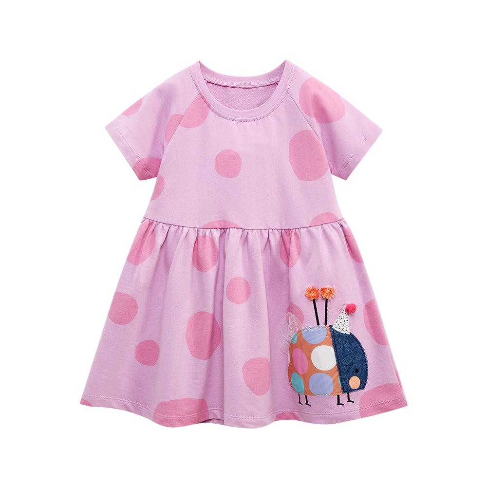 Girls Purple Polka Dot Printed Applique Cotton A-Line Dress