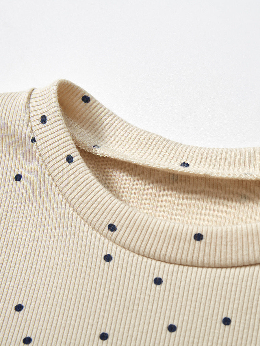 Beige Polka Dot Printed Embellished Cotton T-shirt Dress