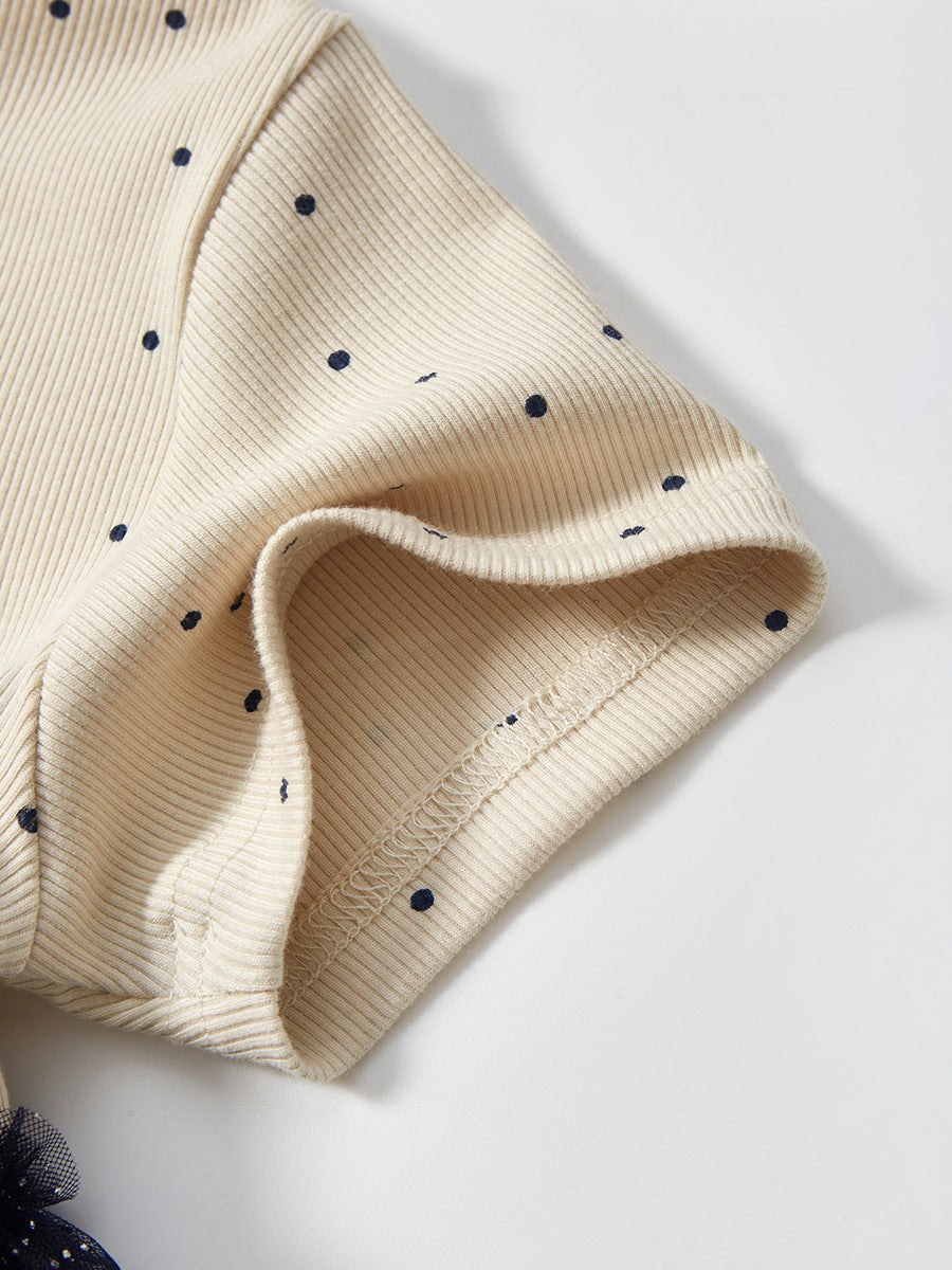 Beige Polka Dot Printed Embellished Cotton T-shirt Dress
