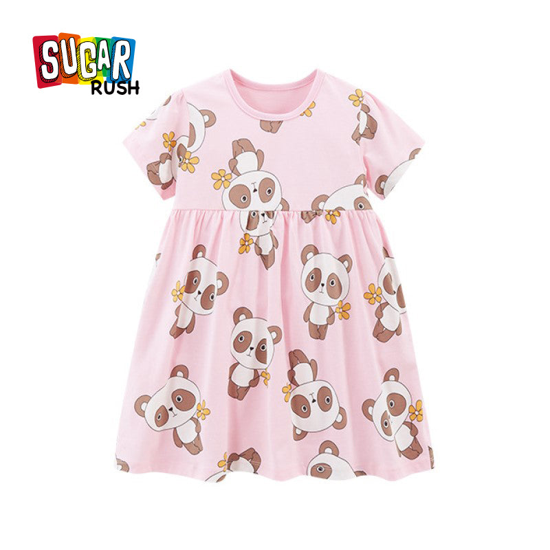 Pink Girls Conversational Printed Cotton T-shirt Dress