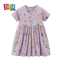 Purple Girls Conversational Printed Gathered Fit and Flare Cotton T-shirt Dress