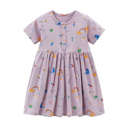 Purple Girls Conversational Printed Gathered Fit and Flare Cotton T-shirt Dress