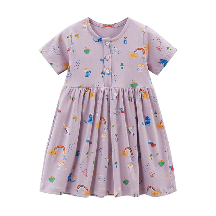 Purple Girls Conversational Printed Gathered Fit and Flare Cotton T-shirt Dress