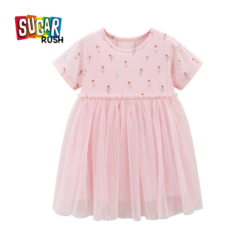 Pink Girls Conversational Printed Gathered Detail Cotton T-shirt Dress