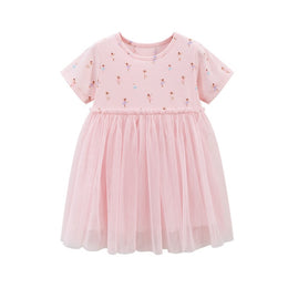 Pink Girls Conversational Printed Gathered Detail Cotton T-shirt Dress