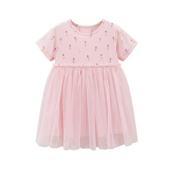 Pink Girls Conversational Printed Gathered Detail Cotton T-shirt Dress