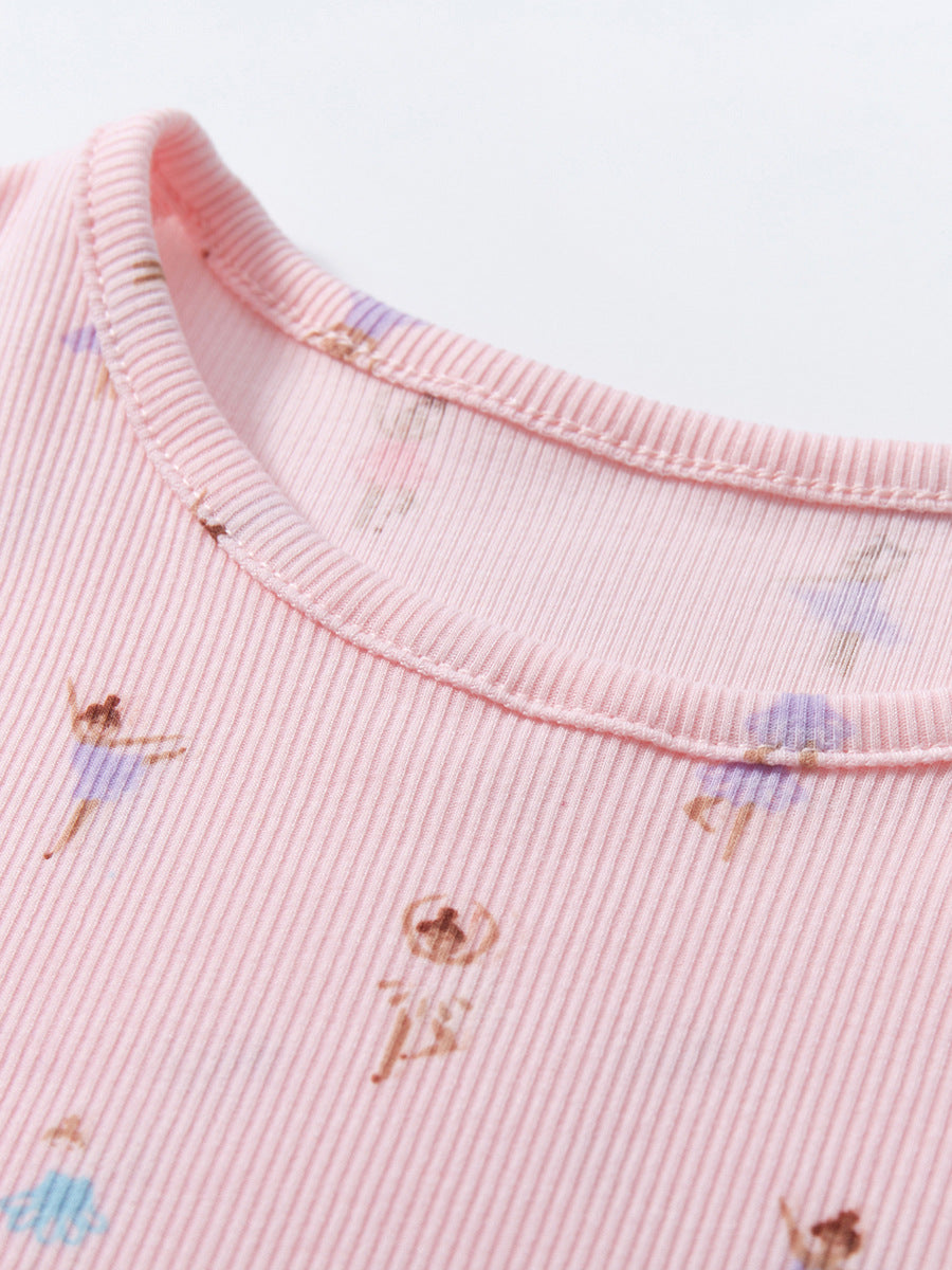 Pink Girls Conversational Printed Gathered Detail Cotton T-shirt Dress