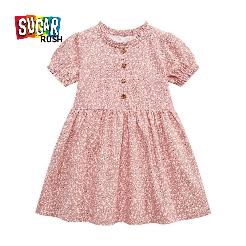 Girls Pink Floral Printed Fit and Flare Cotton Knee Length Dress