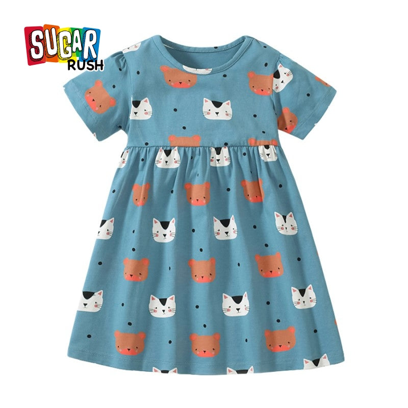 Blue Girls Conversational Printed Cotton Fit & Flare Dress