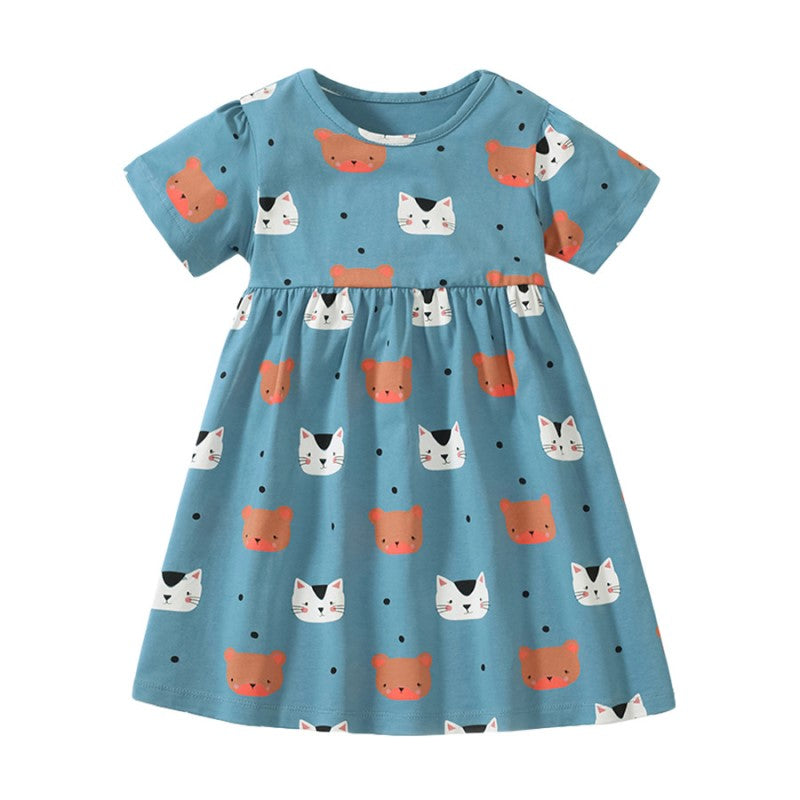 Blue Girls Conversational Printed Cotton Fit & Flare Dress