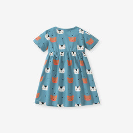 Blue Girls Conversational Printed Cotton Fit & Flare Dress