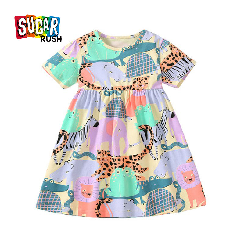 Beige Girls Conversational Printed Cotton Fit & Flare Dress