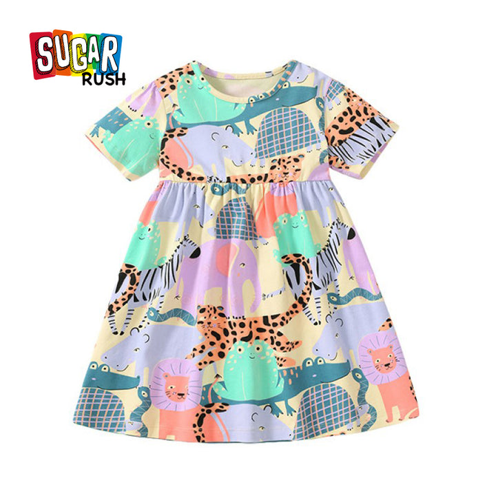 Beige Girls Conversational Printed Cotton Fit & Flare Dress