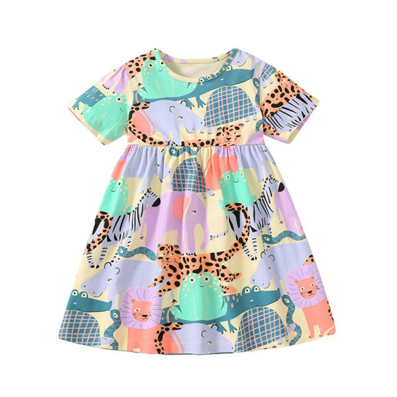 Beige Girls Conversational Printed Cotton Fit & Flare Dress