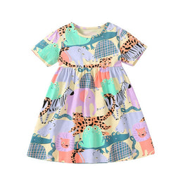 Beige Girls Conversational Printed Cotton Fit & Flare Dress