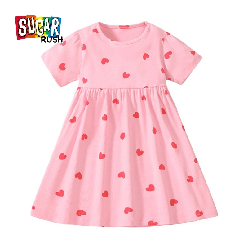 Pink Girls Conversational Printed Gathered Detail Cotton A-Line Dress