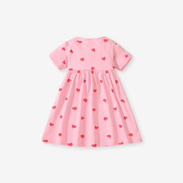 Pink Girls Conversational Printed Gathered Detail Cotton A-Line Dress
