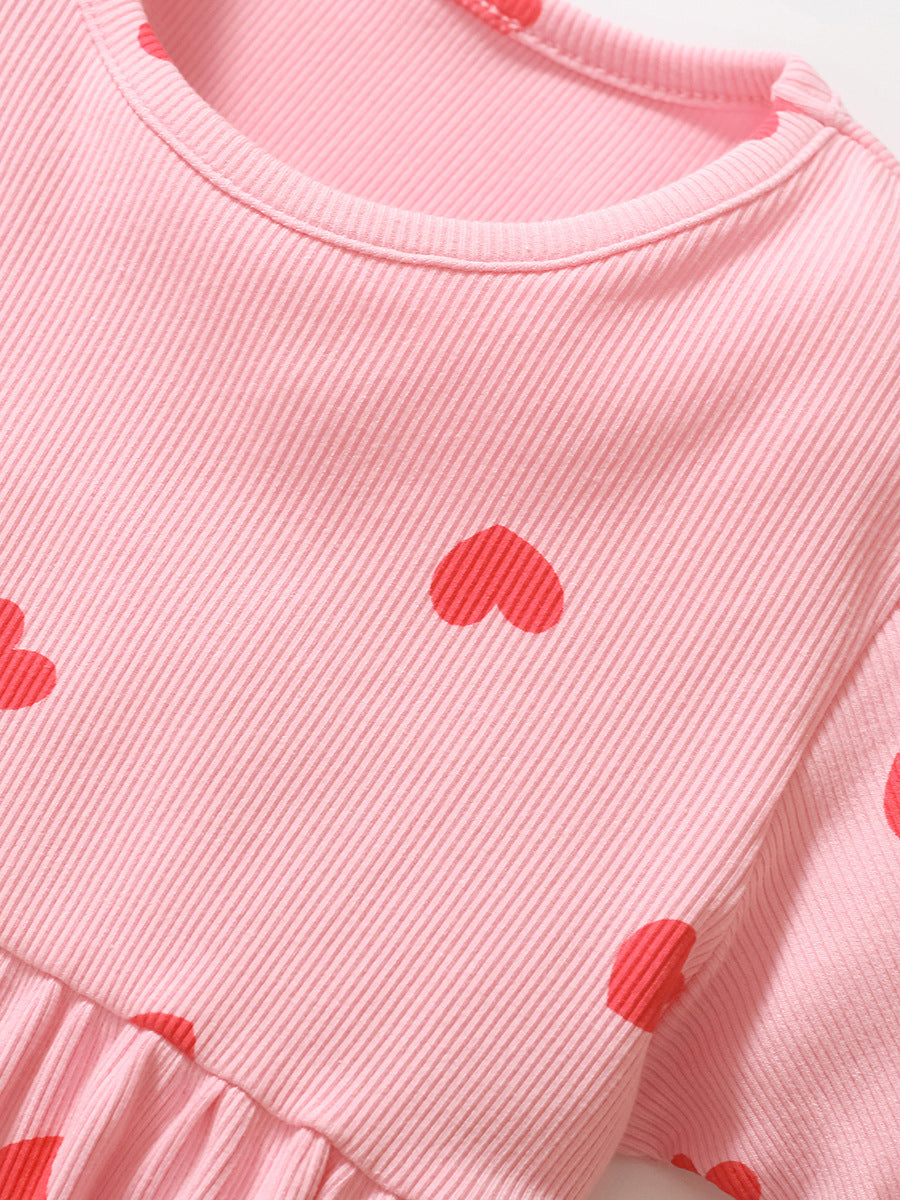 Pink Girls Conversational Printed Gathered Detail Cotton A-Line Dress