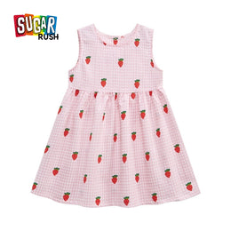 Pink Girls Conversational Printed Cotton Fit & Flare Dress