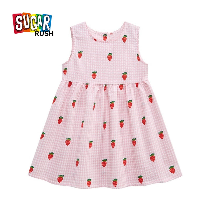 Pink Girls Conversational Printed Cotton Fit & Flare Dress
