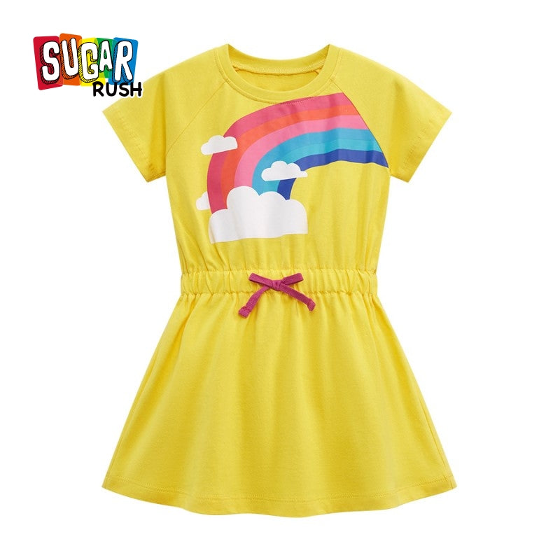 Girls Yellow Graphic Printed Cotton A-Line Dress