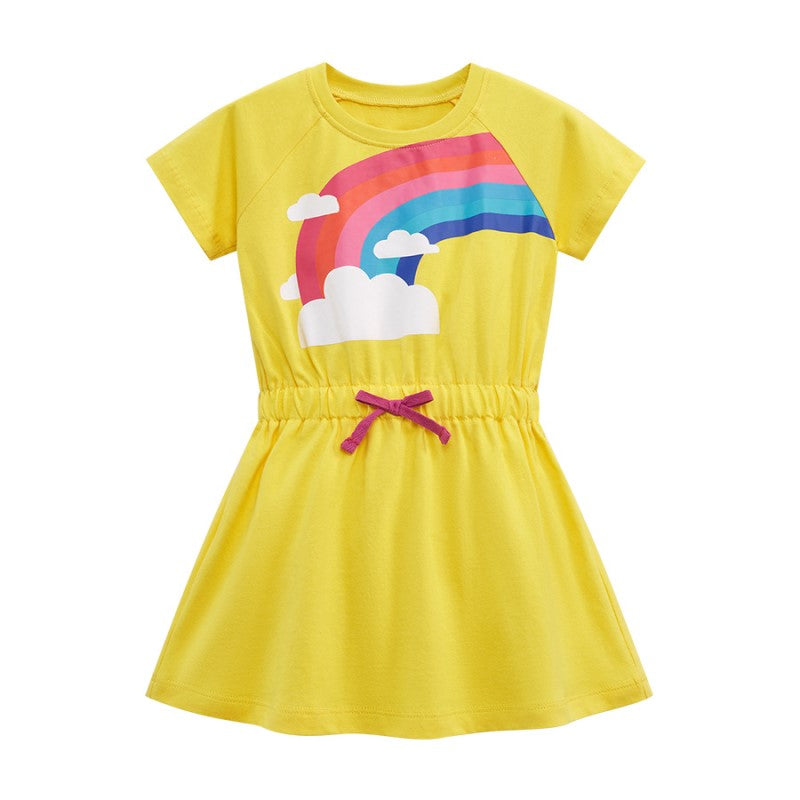 Girls Yellow Graphic Printed Cotton A-Line Dress