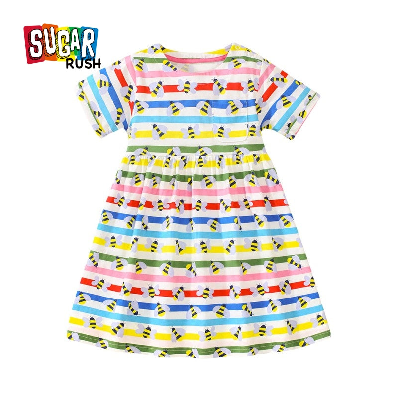 Girls White & Red Conversational Print Cotton Fit & Flare Dress