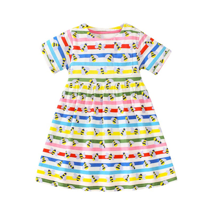 Girls White & Red Conversational Print Cotton Fit & Flare Dress