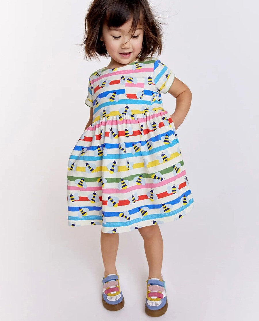 Girls White & Red Conversational Print Cotton Fit & Flare Dress