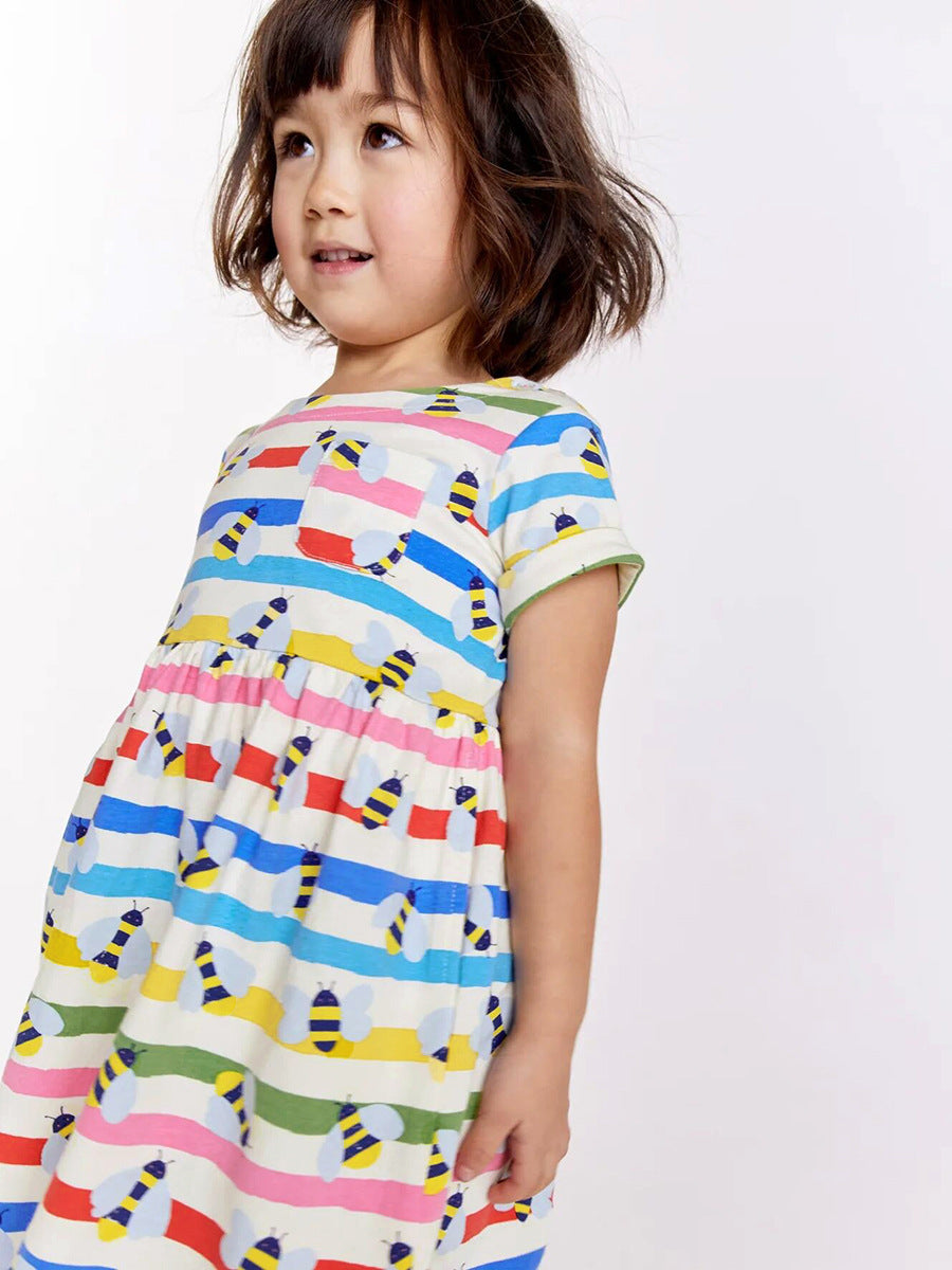 Girls White & Red Conversational Print Cotton Fit & Flare Dress
