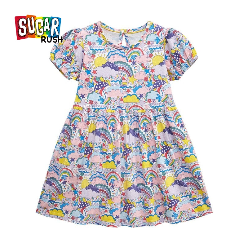 Girls White Conversational Printed Puffed Sleeves Cotton Fit & Flare Dress