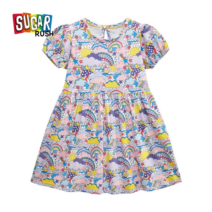 Girls White Conversational Printed Puffed Sleeves Cotton Fit & Flare Dress