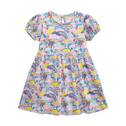 Girls White Conversational Printed Puffed Sleeves Cotton Fit & Flare Dress