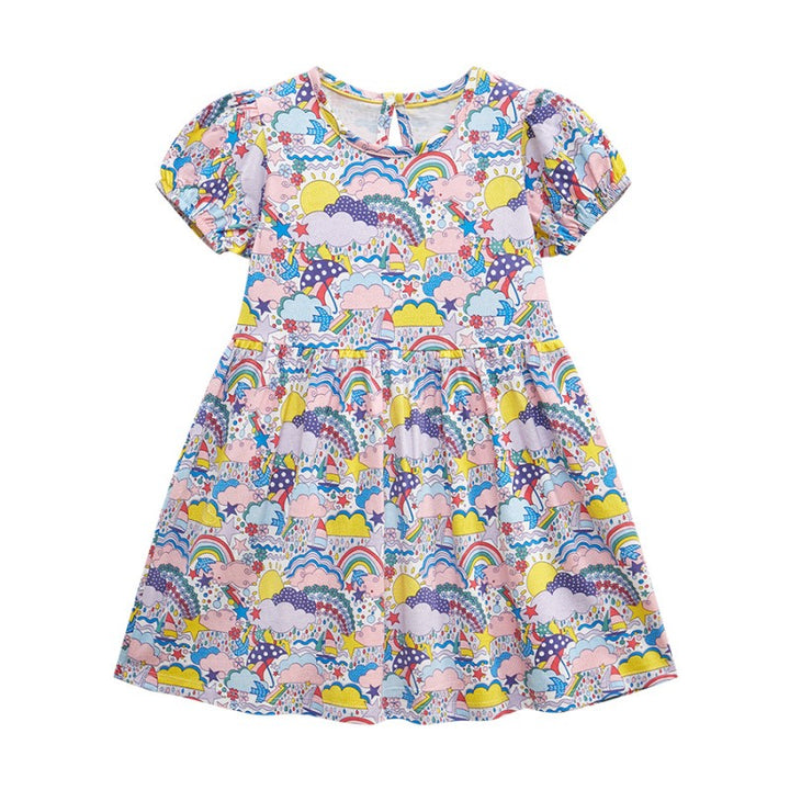 Girls White Conversational Printed Puffed Sleeves Cotton Fit & Flare Dress