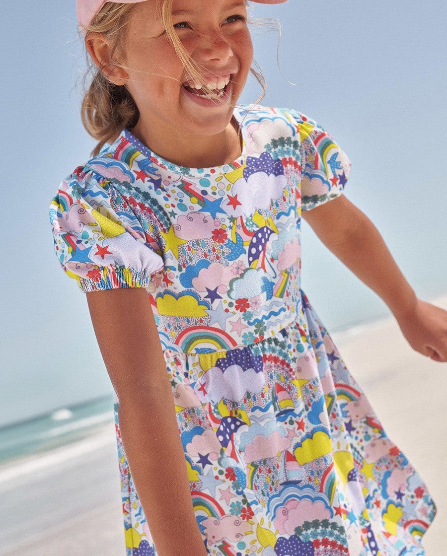 Girls White Conversational Printed Puffed Sleeves Cotton Fit & Flare Dress