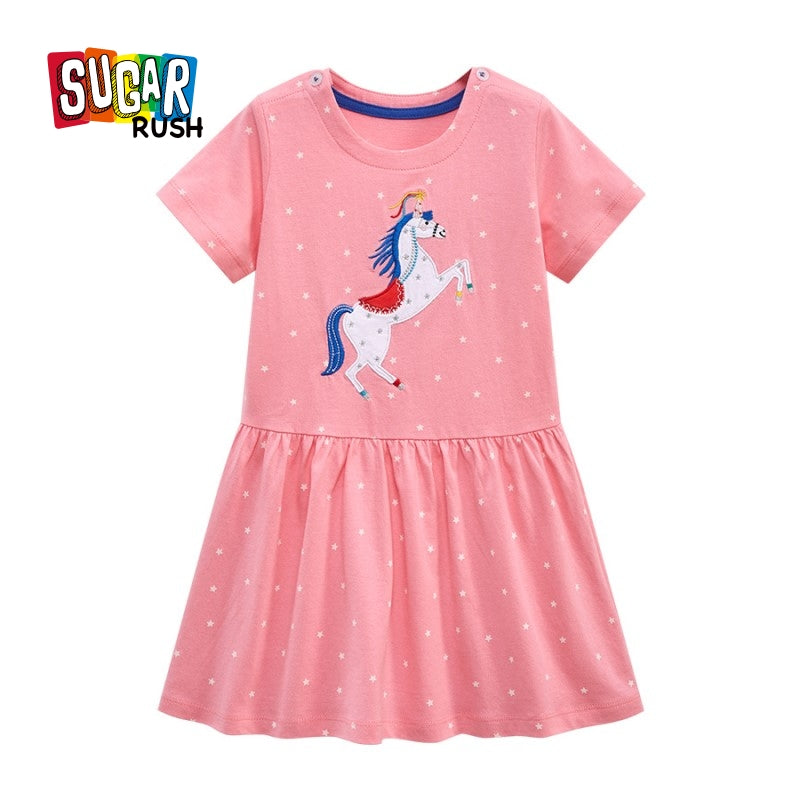 Girls Pink Polka Dot Print Layered Cotton Drop-Waist Dress