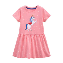 Girls Pink Polka Dot Print Layered Cotton Drop-Waist Dress