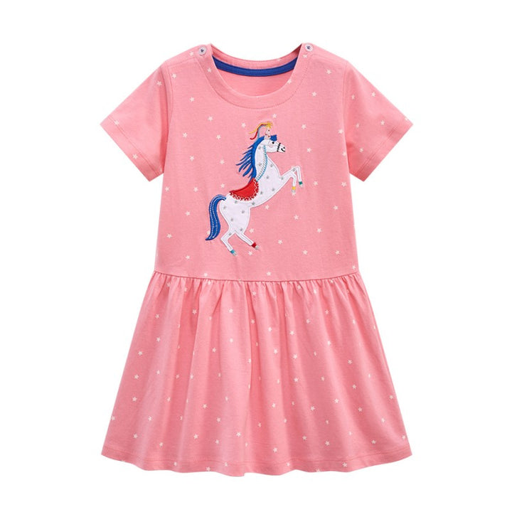 Girls Pink Polka Dot Print Layered Cotton Drop-Waist Dress