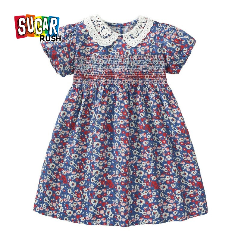 Blue Floral Print Peter Pan Collar Fit & Flare Dress