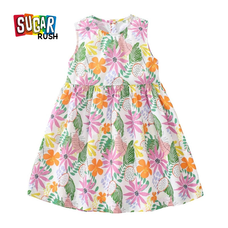 Girls Pink & Green Floral Print Gathered Cotton A-Line Dress