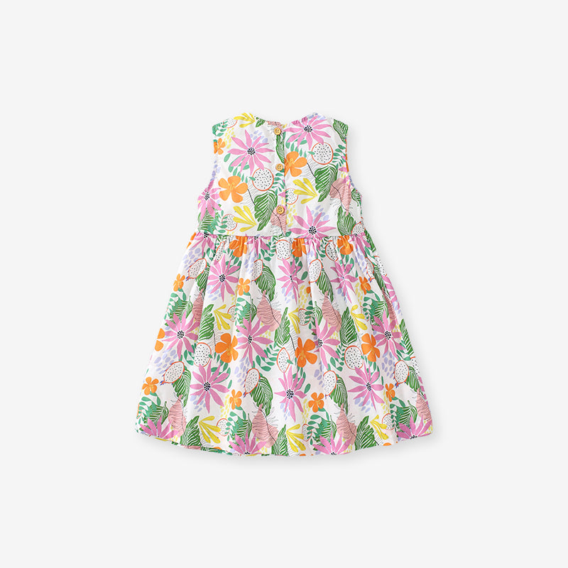 Girls Pink & Green Floral Print Gathered Cotton A-Line Dress