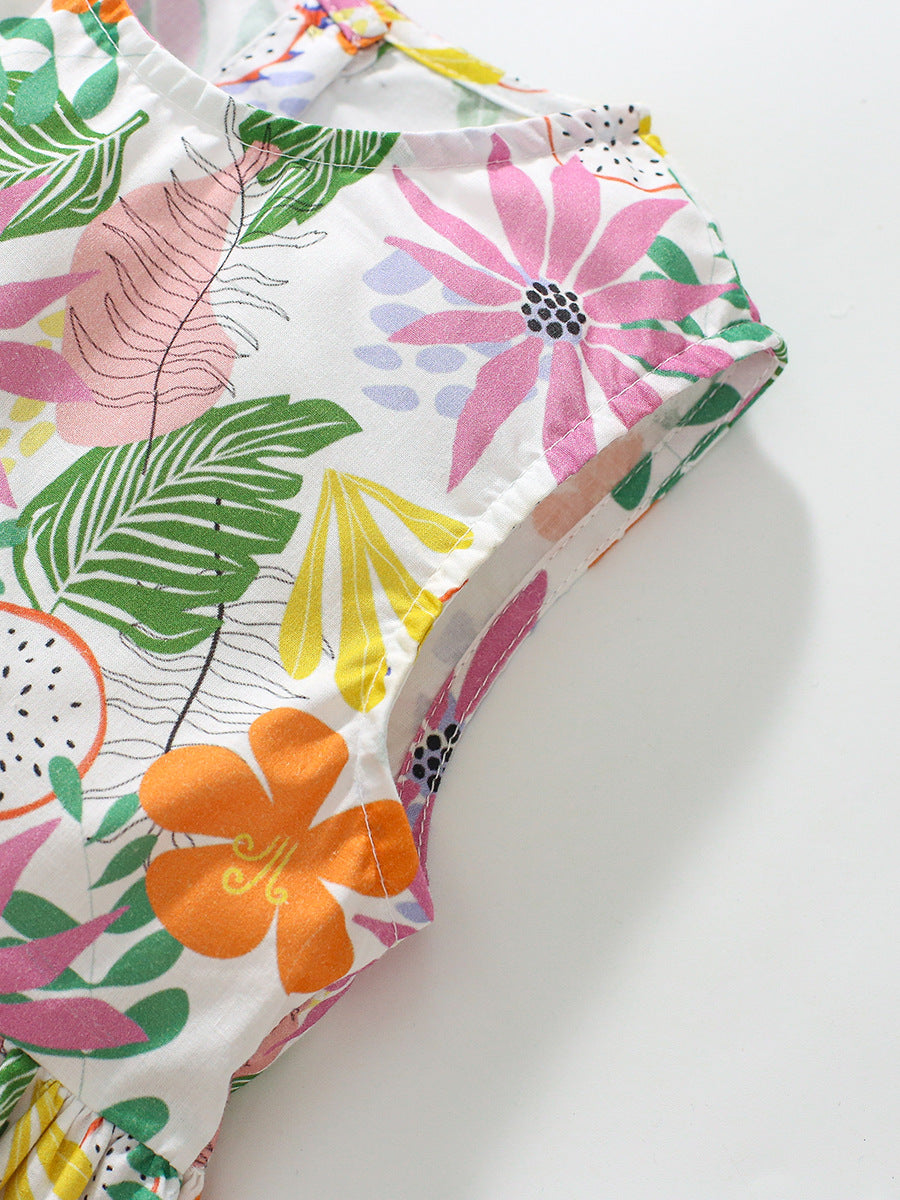 Girls Pink & Green Floral Print Gathered Cotton A-Line Dress