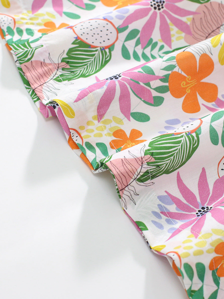 Girls Pink & Green Floral Print Gathered Cotton A-Line Dress