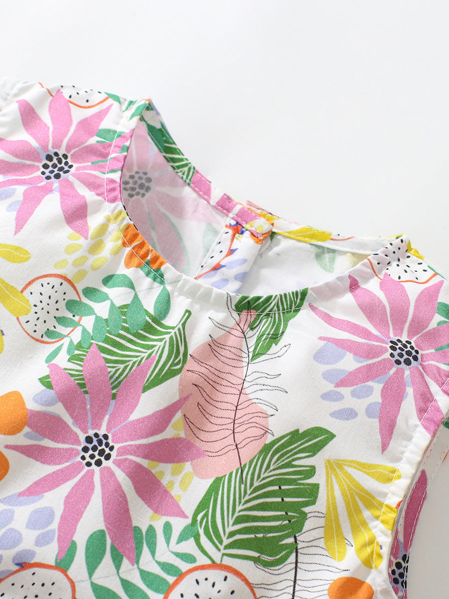 Girls Pink & Green Floral Print Gathered Cotton A-Line Dress