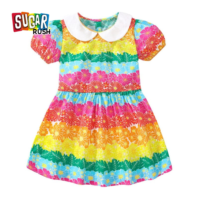 Pink Girls Printed Peter Pan Collar Puff Sleeves Cotton A-Line Dress