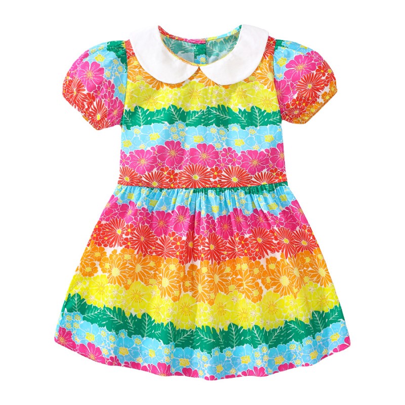Pink Girls Printed Peter Pan Collar Puff Sleeves Cotton A-Line Dress