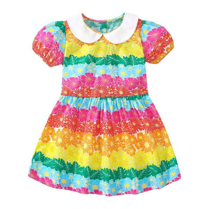 Pink Girls Printed Peter Pan Collar Puff Sleeves Cotton A-Line Dress