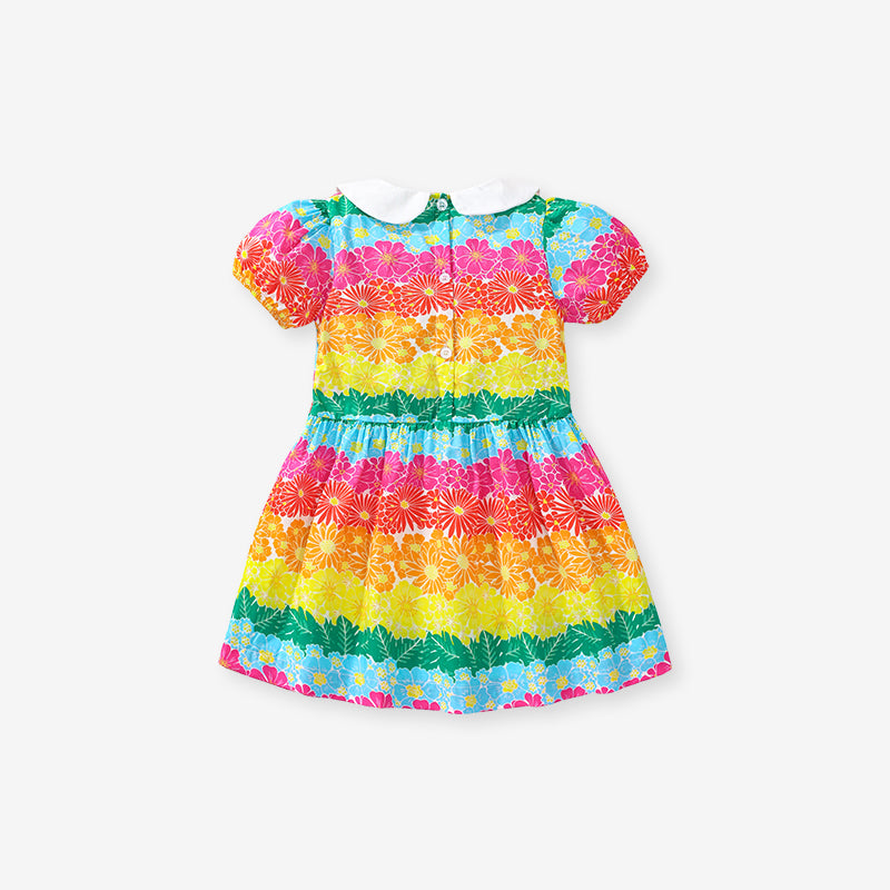 Pink Girls Printed Peter Pan Collar Puff Sleeves Cotton A-Line Dress