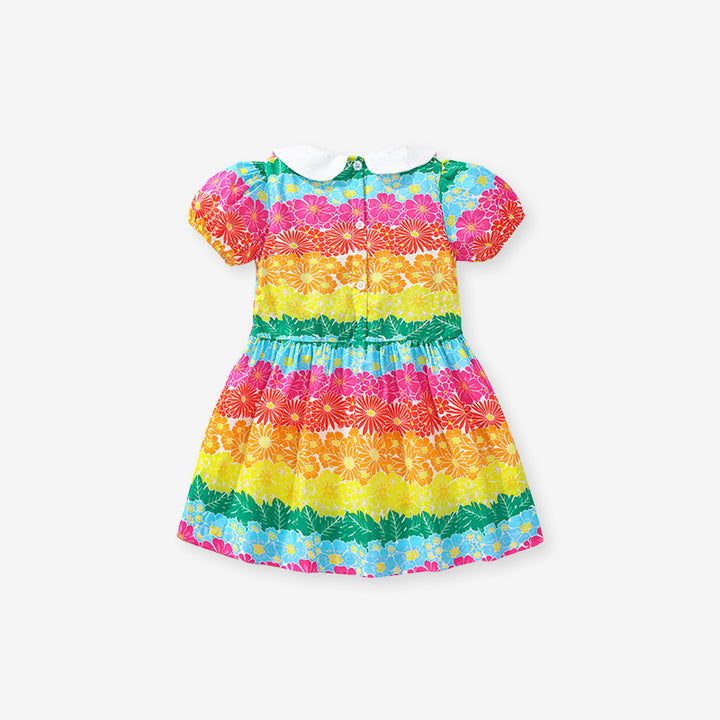 Pink Girls Printed Peter Pan Collar Puff Sleeves Cotton A-Line Dress