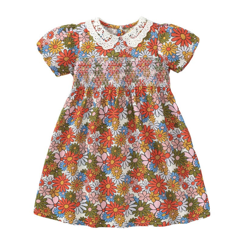Floral Printed Peter Pan Collar Puff Sleeves Smocked Fit & Flare Dress